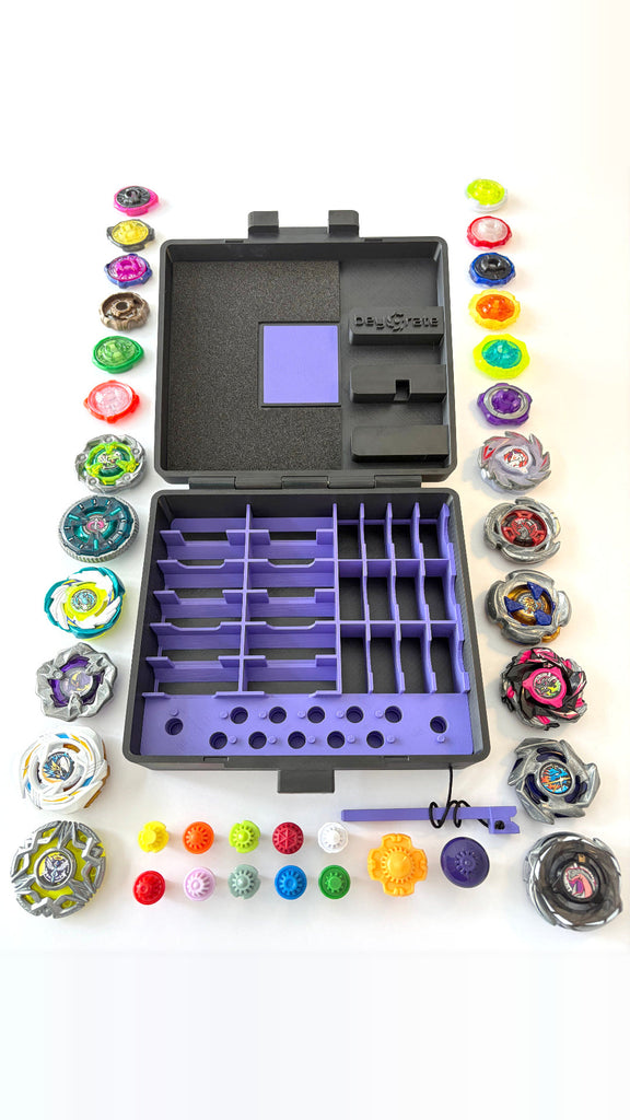 Beycrate 1 in Purple, open, with the 12 Beyblade X blades, ratchets and bits it holds laid out around it