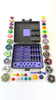 Beycrate 1 in Purple, open, with the 12 Beyblade X blades, ratchets and bits it holds laid out around it
