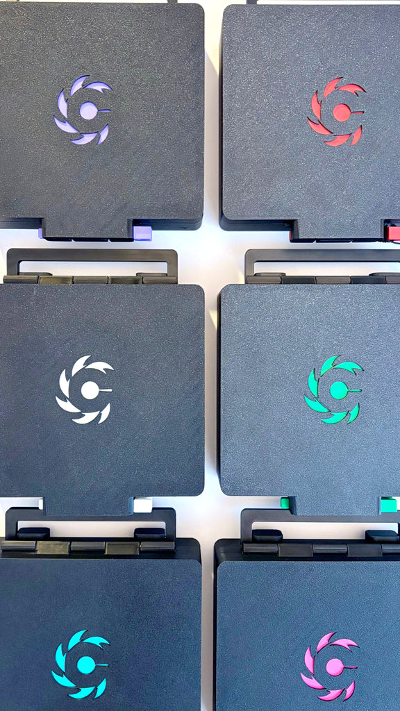 All six Beycrate 1 colourways side by side: Purple, Red, White, Green, Hyper Cyan and Tokyo Pink